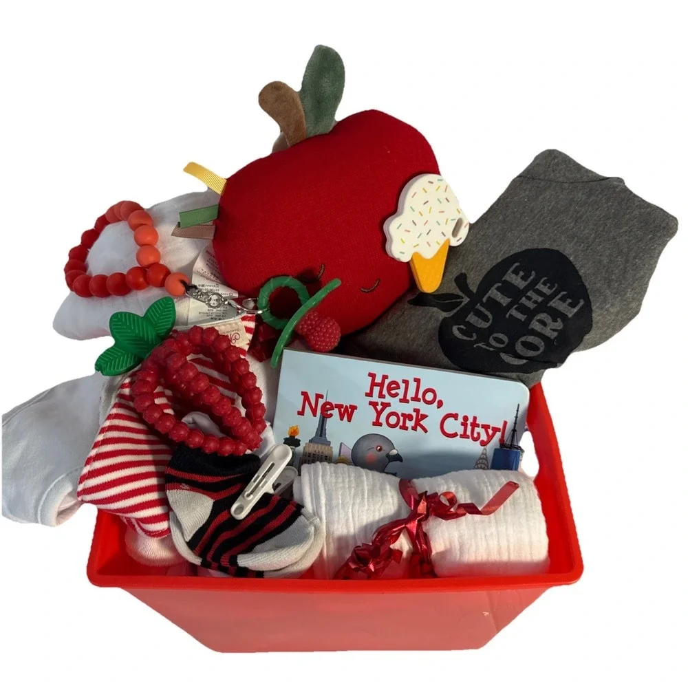 Hello New York City Baby Gift Basket Apple Lovey Teether Blanket Bibs Bodysuit